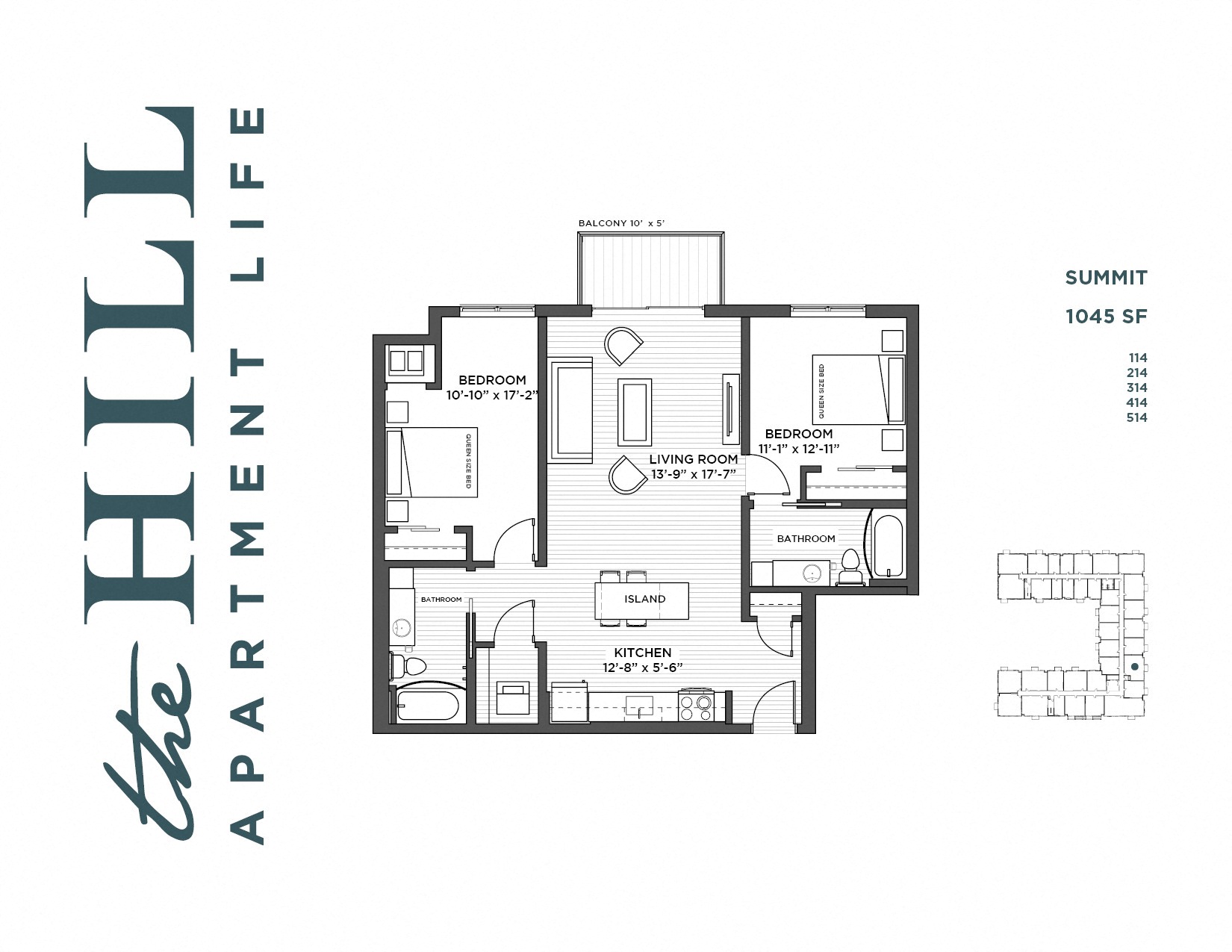Floor plan for 2 beds, 2 baths, 1048 sqft